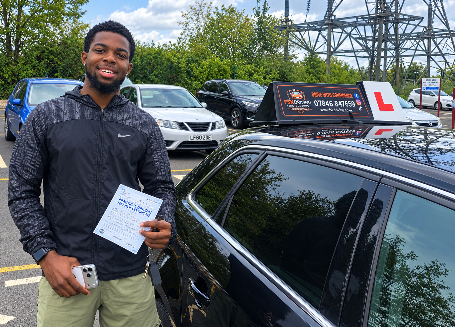 FSK Driving Instructors learner Kudus holding his practical driving test pass certificate next to the FSK learner car after passing at Chadderton test centre
